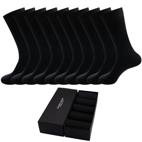 EASE LEAP 10 Pairs Mens Dress Socks Comfortable Cotton Crew Sock Calf High Breathable Formal Socks with Gift Box Size 9-12 (Black)