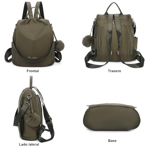 OLIVIA WONG Mochila antirrobo Impermeable para mujer (13L)| Mochila Convertible en bolso con pompom y Asa desmontable de adorno - Verde Militar Militar - imagen 5