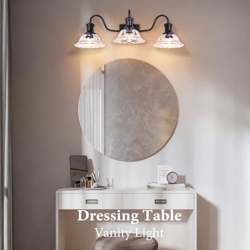 Image of Vintage Bathroom Light Fixtures, 3-Light Matte Black Vanity Light with Flower Glass Shade, Bathroom Lighting Fixtures Over Mirror for Bedroom, Dressing Table