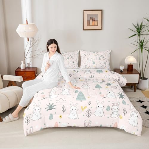 Image of Feelyou Cute Rabbit Comforter, Cartoon Bunny Comforter Set Toddler Size Kawaii Animal Comforter Set Toddler Size for Kids Boys Girls Botanical Plant Duvet Set Microfiber Quilt Set