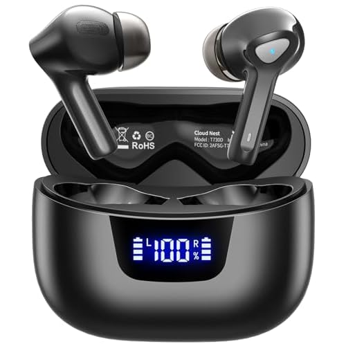 Wireless Earbuds Bluetooth V5.3 Headphones 50H Playback Deep Bass Stereo Ear Buds with LED Power Display Charging Case IPX7 Waterproof Earphones with Mic Headset for Laptop Pad Android/iOS Phones