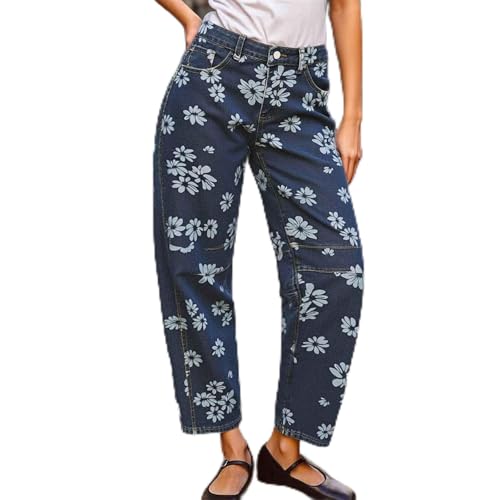 Womens Barrel Jeans Pants Casual Mid Rise Leopard Printed Baggy Ankle Pant Wide Leg Elastic Waisted Crop Denim Trouser