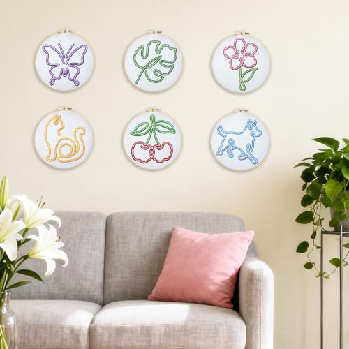 Image of BEUNITONE Abstract Animal Embroidery Kit, 6PC Modern Line Art Needlepoint Kits with Hoops, Instructions, Threads, DIY Craft for Adults Beginners, Home Decor, Hand Embroidery Patterns for Gifts