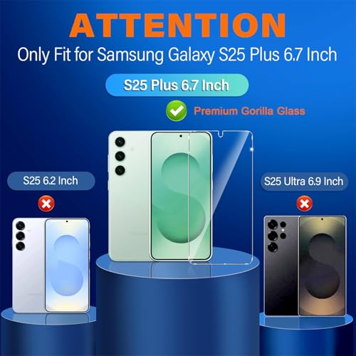 3 Pack Glass Screen Protector for Samsung Galaxy S25 Plus [6.7 inch] + 3 Pack Camera Lens Protector, 9H Tempered Glass, Fingerprint Unlock, HD Clear Case Friendly Anti-Scratch