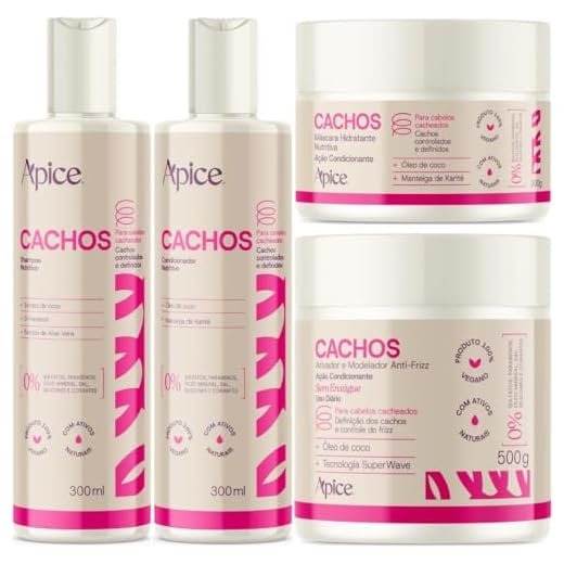 Kit Apice Cachos Nova Fragrancia Shampoo + Condicionador + Máscara Hidratante + Ativador Modelador Anti-Frizz Vegano