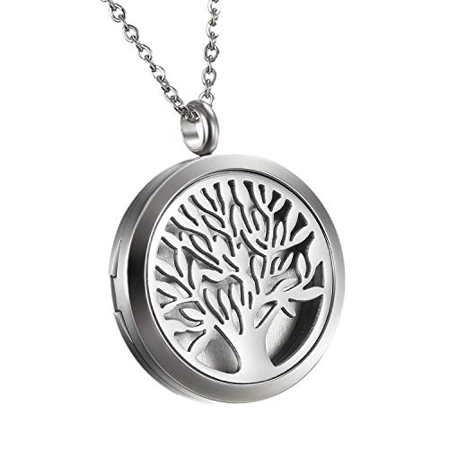 Flongo Aroma Diffuser kette Aromatherapie: Duft Halskette für Ätherische Öle Lebensbaum Edelstahl Duftkette mit 6 Farbigen Filz Pads ölpads Silber für Damen Frauen