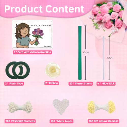 Image of YUNAMI Chenille Stems for DIY Flower Making - 400 Pcs Pipe Cleaners with Floral Wire, Tape, Stamen & Pearls - Premium Bouquet Supplies for Home Decor & Gifting (400, Pink)