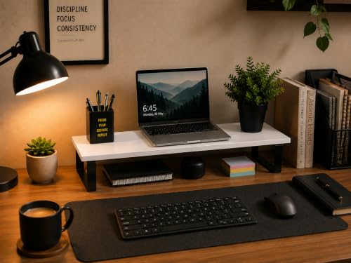 Image of Wooden Monitor Stand with Storage Organizer For Desk, Tables, Office, Home, Studio, Study Table | Desktop Ergonomic Monitor Stand Riser (White, Large (with metal legs))