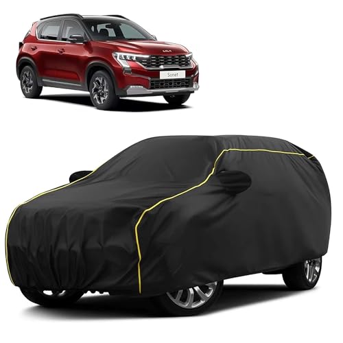 Image of Sulfar 100% Water Resistant Car Body Cover Compatible with Mirror for Kia Sonet (Triple Stitched, Full Bottom Elastic, Black Taffeta with Yellow Piping)
