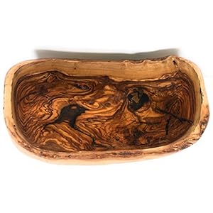 12″ Rustic Oval Artisan Olive Wood Dough Bowl Bread Basket Boat Shaped – Live bark edge. Farmhouse Decor for Fruit, Salads, Snacks, Popcorn. In Lg 10″ or XL 12″. (XL 12×6-7×4)