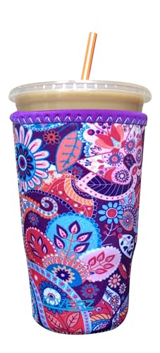 Image of Iced Coffee Sleeve, Insulated Neoprene Cup Sleeve, Fits a 32 Oz. Coffee Cup, Washable and Reusable, Iced Coffee Accessories, Large Paisley