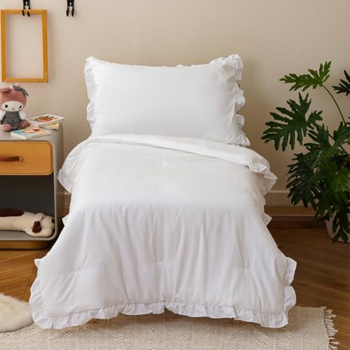 Image of CLOTHKNOW 4Pieces White Ruffle Toddler Bedding Sets for Girls Comforter | Soft Crib Bed Sets, All Season, Farmhouse Comforter Sets