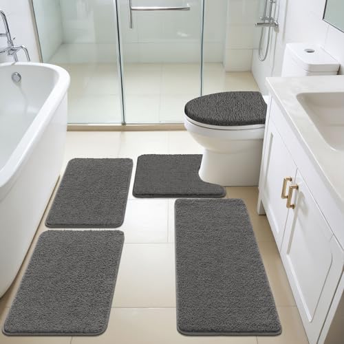 SHACOS Microfiber Bathroom Rugs Set 5 Pieces with Toilet Lid Cover Ultra Soft Absorbent Bath Mat U Shape Contour Rug for Bathroom Non Slip Machine Washable Bath Runner Rugs for Bedroom Kitchen Grey