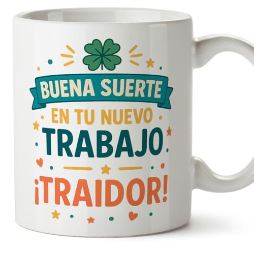 Imagen de MUGFFINS taza despedida compañero trabajo con frase Buena suerte en tu nuevo trabajo ¡Traidor! en Español regalo despedida graciosa divertida 330 Ml 11 oz hombre Adiós compa v1