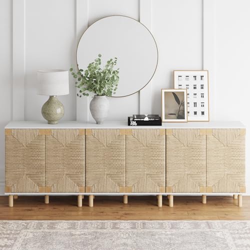 Image of Nathan James Beacon Accent Natural Sideboard Storage Cabinet TV Stand with Adjustable Interior Shelf and Seagrass Doors, for Hallway, Entryway or Dining Room, Light Brown /White, Set of 3