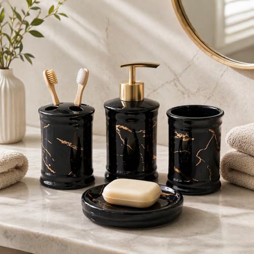 Image of Whizzo Ceramic Bathroom Set - Italian 4 Piece Bath Accessories Set with Soap Dispenser, Toothbrush Holder, Tumbler & Soap Dish - Modern & Designer Decor for Home & Guest Bathrooms (BS-822-BLACK)