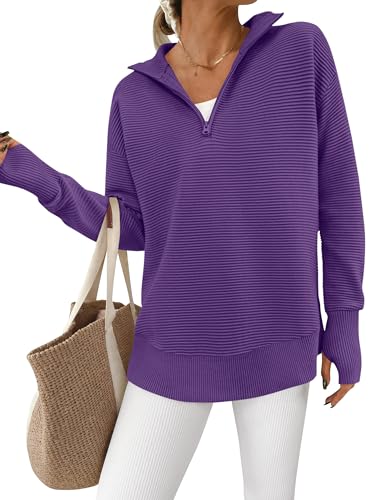 Image of PRETTYGARDEN Womens Long Sleeve Quarter Zip Pullover Sweater | Casual Loose V Neck Sweaters with Thumb Hole, Collared Ribbed Knit Jumper Tops, Oversized Tunic Tops, Fall Outfits 2026