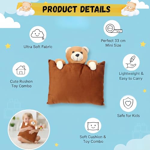 Image of Tickles Soft Teddy Cushion Stuffed Plush Pillow Toy for Kids Boy & Girls (Size: 33 cm Color: Brown)