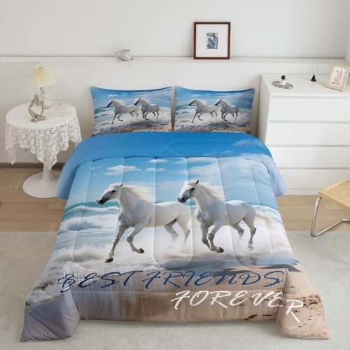 Homemissing Juego de funda de edredón con diseño de caballo, tamaño doble, para niños y niñas, juego de ropa de cama con diseño de caballo galopante, lindo edredón de plumón de verano con 2 fundas