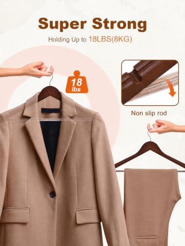 Image of GINOYA BROTHERS Walnut Wooden Suit Hangers 24 Pack with Non Slip Pants Bar - Smooth Finish Solid Wood Coat Hanger for Camisole, Jacket, Pant, Dress Clothes Hangers (Walnut: 8)