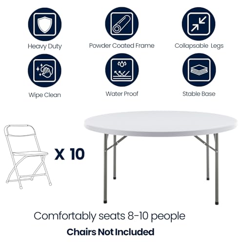 Image of BTEXPERT White 5 Ft 60inch Round Plastic Folding Table Full Top Commercial Portable Indoor Outdoor Accessory for Patio Backyard Dining Wedding Party Events Home Kitchen
