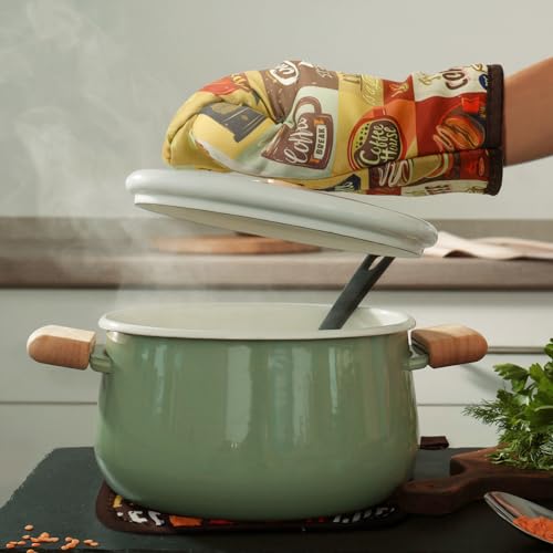 Bencailor 6 Pcs Winter Kitchen Decor Pot Holders and Oven Mitts Stes Winter Kitchen Towel 2 Farmhouse Cooking Mittens for Cooking Grilling Supply Accessories(Dark Brown,Coffee Patterns)