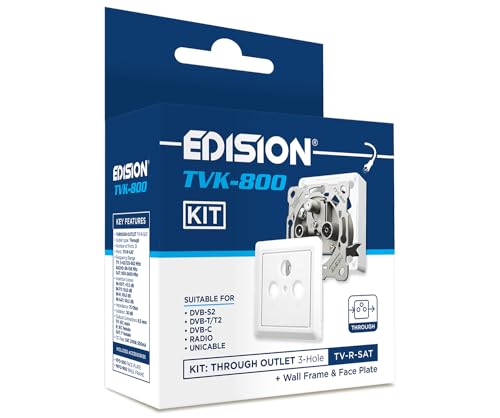 EDISION Antennendose Sat TVK-800 Kit: Durchgangsdose TV-R-SAT unterputz/aufputz 3-Loch inkl. Abdeckung und Aufputz-Rahmen, DVB-S2, Unicable, DVB-T/T2, DVB-C, Radio, FM, DAB+, DC-Pass, 3 Ausgänge