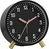 SHISEDECO Alarm Clock with Backlight, 4.5 inches Bedside Analog Non-Ticking Silent Small Deskclock with Arabic Numerals, Battery Operated Round Tableclock for Living Room, Bedroom (Black Color)