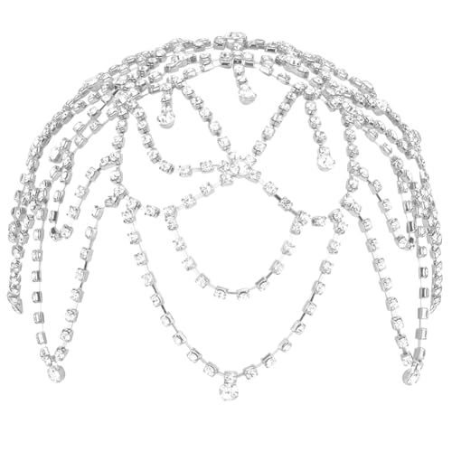 GORGECRAFT 1920s Crystal Cap Headpiece Flower Rhinestone Head Chain Silver Roaring 20s Great Gatsby Hair Accessories Hair Chain Hat for Bridal Cosplay Halloween Art Decor Party (with 2Pcs Hair Clip)