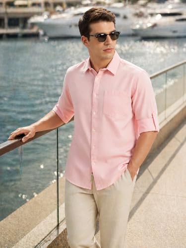 Image of Thomas Scott Men's | Solid | Premium Linen Blend | Spread Collar | Summer Wear | Long Sleeve | Shirts for Men