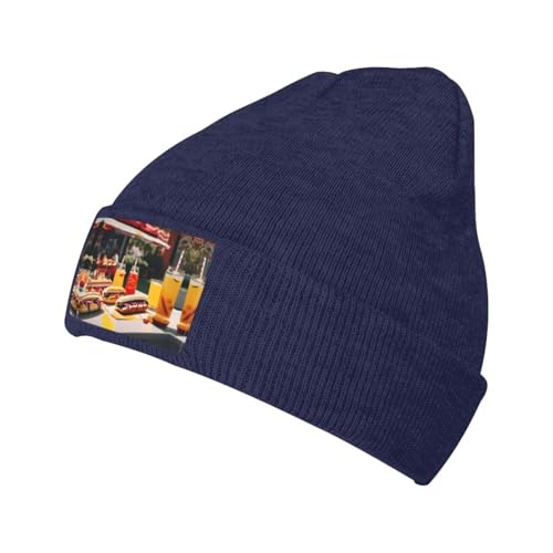 MDATT Gorro de punto unisex con diseño de perros calientes y limonada, azul marino, Talla única