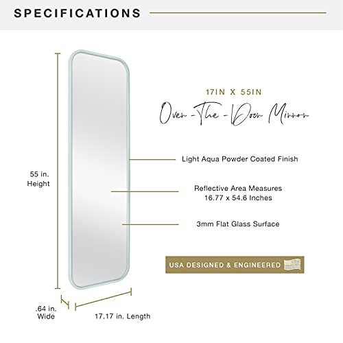 Image of MCS 17x55 Light Aqua Metal Over The Door Mirror With Rounded Corners, Full Length Hanging Mirror for Bedroom and Bathroom Doors, No Tools Required