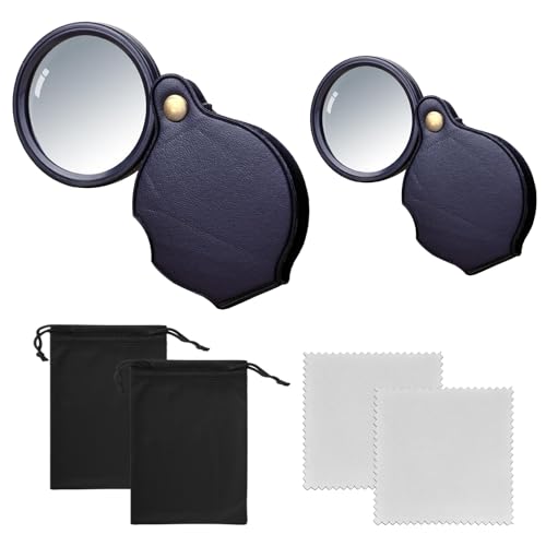 MEMOFYND 2 lupas de 10 aumentos, 2 paños de limpieza y 2 bolsas de almacenamiento, lupa de cuero plegable, lupa con funda protectora, adecuada para leer libros, periódicos