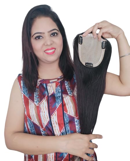 Abnitio Hair 100% Human Hair Clip In 5x5.5 Silk Base Hair Toppers for Women Straight Hair Crown Topper Extensions for Hair (Natural Brown, 20 Inches)