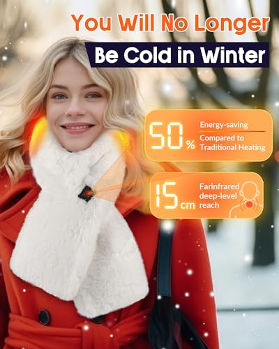 Genovega Graphene Heated Fur Scarf for Women Rechargeable Packs Intelligent Electric Neck Body Heater Warmer Heating Pad Shawl Clothing Clothes Portable Womens Ski Snowboard Gear Accessory Essentials