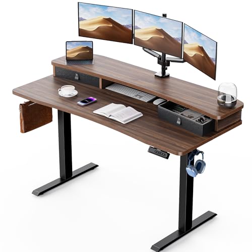 Image of HUANUO 60″ x 30″ Electric Standing Desk with 2 Drawers, C-Clamp Mount Compatible, Height Adjustable Computer Desk, Home Office Stand Up Desk with 4 Preset Heights & 2 Hooks, Walnut