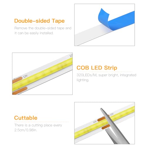 Image of AIMENGTE 12V COB LED Cabinet Lights Strip with Dual-Door Sensor, 6 x 3.3ft Cuttable Under Cabinets Lighting for in-Cabinet, Locker, Closet, Showcase, Gun Safe (Cool White)