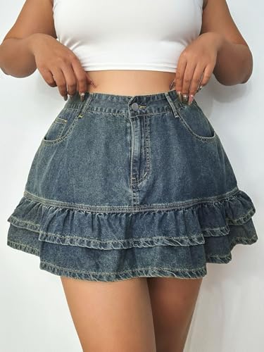 Women's Plus Size Denim Mini Skirt - Mid Rise Pleated Design, Summer Stretch Skirt