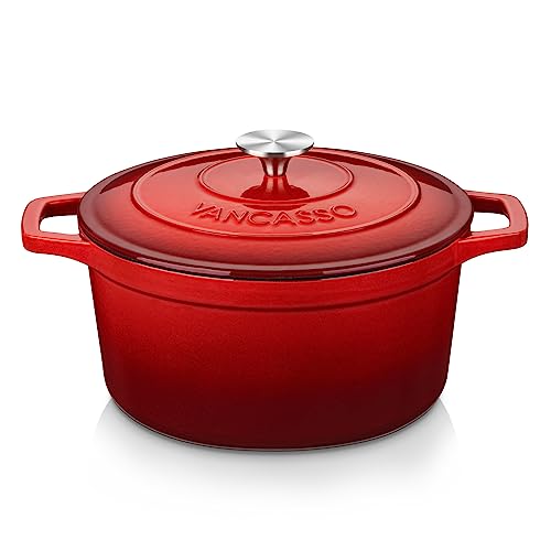 vancasso Cazuela Hierro Fundido para Horno, 26 cm 5 Litros Redonda Olla Antiadherente Anticorrosiva Esmalte con 2 Asas para Cocina Estofado, Paella, Freír, Asar, Saltear   Rojo