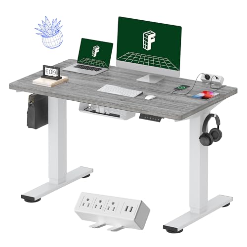 Image of FLEXISPOT EN2 Whole-Piece Standing Desk with Clamp Power Strip, 48 x 24 Electric Stand Up Height Adjustable Desk with Cable Management (White Frame + 48 inch Gray Wood Grain Desktop, 2 Packages)