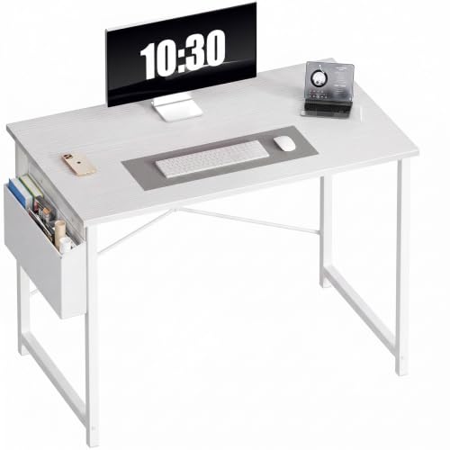 Image of OLIXIS Small Computer Desk, 40 Inch Gaming Desks for Home Office | Writing Study Craft Work Table, Computer Workstation for Bedroom Small Spaces with Storage Bag, All White