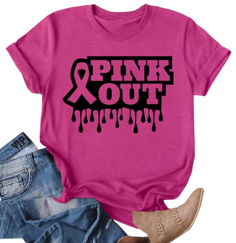 Ithalt Breast Cancer Shirts for Women Pink Out Tshirts Breast Cancer Survivor Shirt Pink Short Sleeve Tops(Pink1, Small)