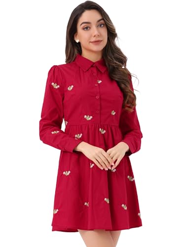 Image of Allegra K Women's Shirt Dress A Line Embroidered Floral Mini Dresses | Casual, Collar, Long Sleeve, Button Down, Half Placket, Invisible Zipper, Knee Length