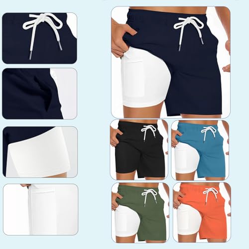 GIBZ Men Bathing Suit with Compression Liner Quick Dry Swim Trunks 2 in 1 Solid Beach Swimming Shorts with Pockets2