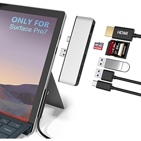 Surface Pro 7 USB C Hub, 6-in-2 Aluminum Surface Pro 2019 Dock with 4K HDMI Adapter+ USB C Audio & Data Transfer Port +2 USB 3.0+SD/TF Card Reader, Converter Combo Adaptor for Microsoft Surface Pro 7 Cover