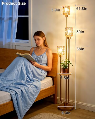 Image of 62IN Gold Floor Lamp with Amber Glass Shade 3-Lights Mid-Century Modern Farmhouse Floor Lamps with 3000K Warm White Bulbs, Tall Standing Lamp 5Lbs Heavy Base for Living Room /Bedroom /Corner