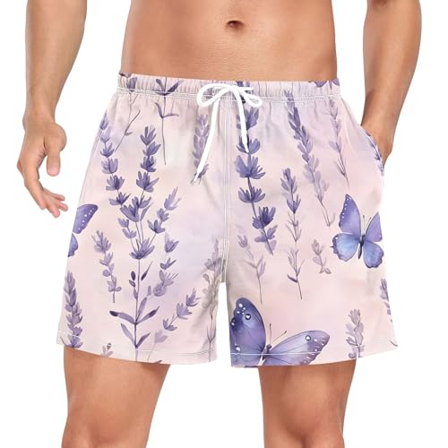 xigua Watercolor Lavender Mens Swim Trunks with Liner, 5 inch Quick Dry Mens Boardshorts for Beach