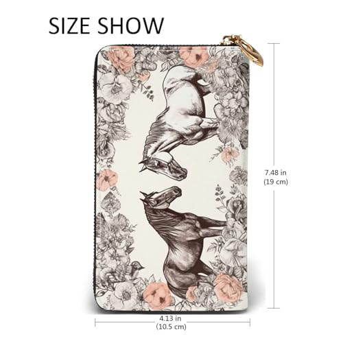 Leather Wallet for Women Men Bifold Wallet Ultra Slim Credit Card Holder Flowers and Horses Hand Drawn Ladies Clutch Purse2