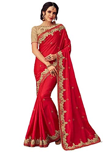 Indi fabWomen's Sana Silk Saree With Un-stitched Blouse Red Stain(Red)
