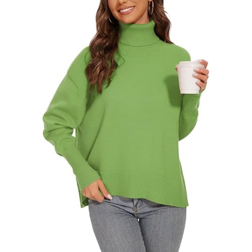 Women's Turtleneck Sweater Long Sleeve Casual Ribbed Pullover 2025 Fall Winter Loose Knit Jumper Top Light Green X-Large